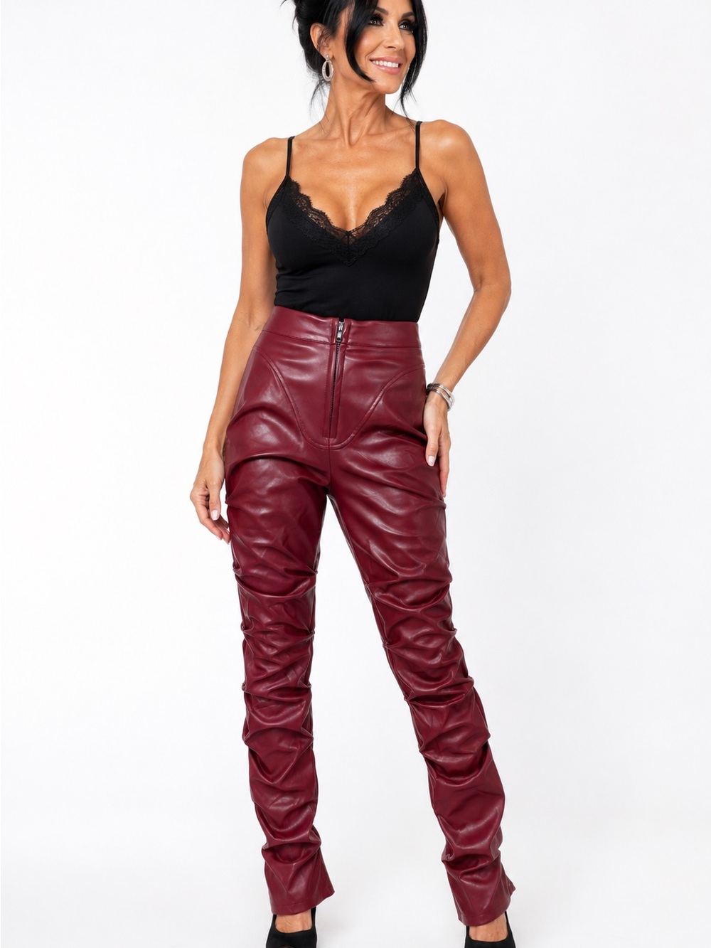 AKIRA Burgundy Faux Leather Ruched High Waist Pants S M L NWT